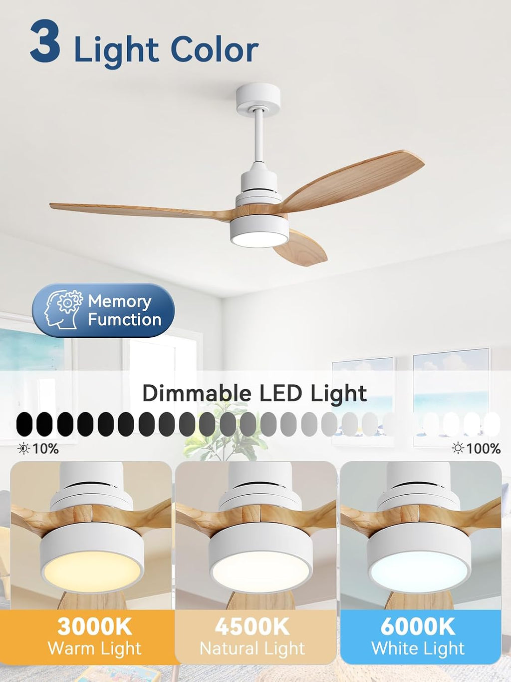 Sofucor Ceiling Fan with Lights, 52 Inch Modern Wood Ceiling Fan with Remote for Indoor Farmhouse Bedroom Living Room Outdoor Patio Porch, Reversible DC Motor, Noiseless