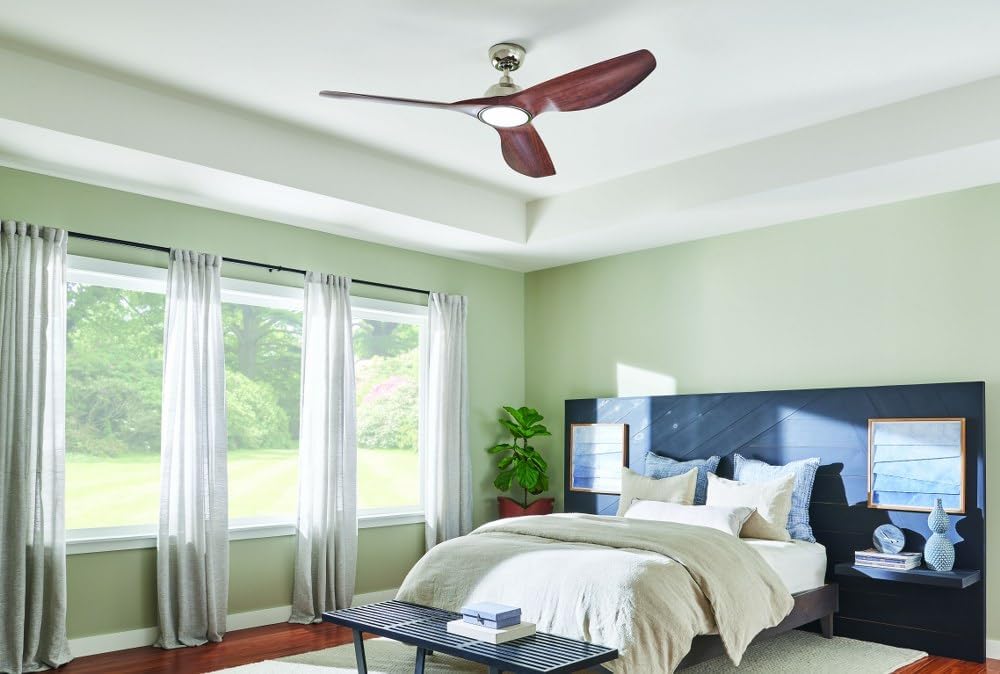 Kichler Imari 65 in 3-Blade Modern LED Indoor Outdoor Ceiling Fan with Light, Dimmable 2300 Lumens in Satin Black with Walnut Finish for Large Rooms, 300365SBK