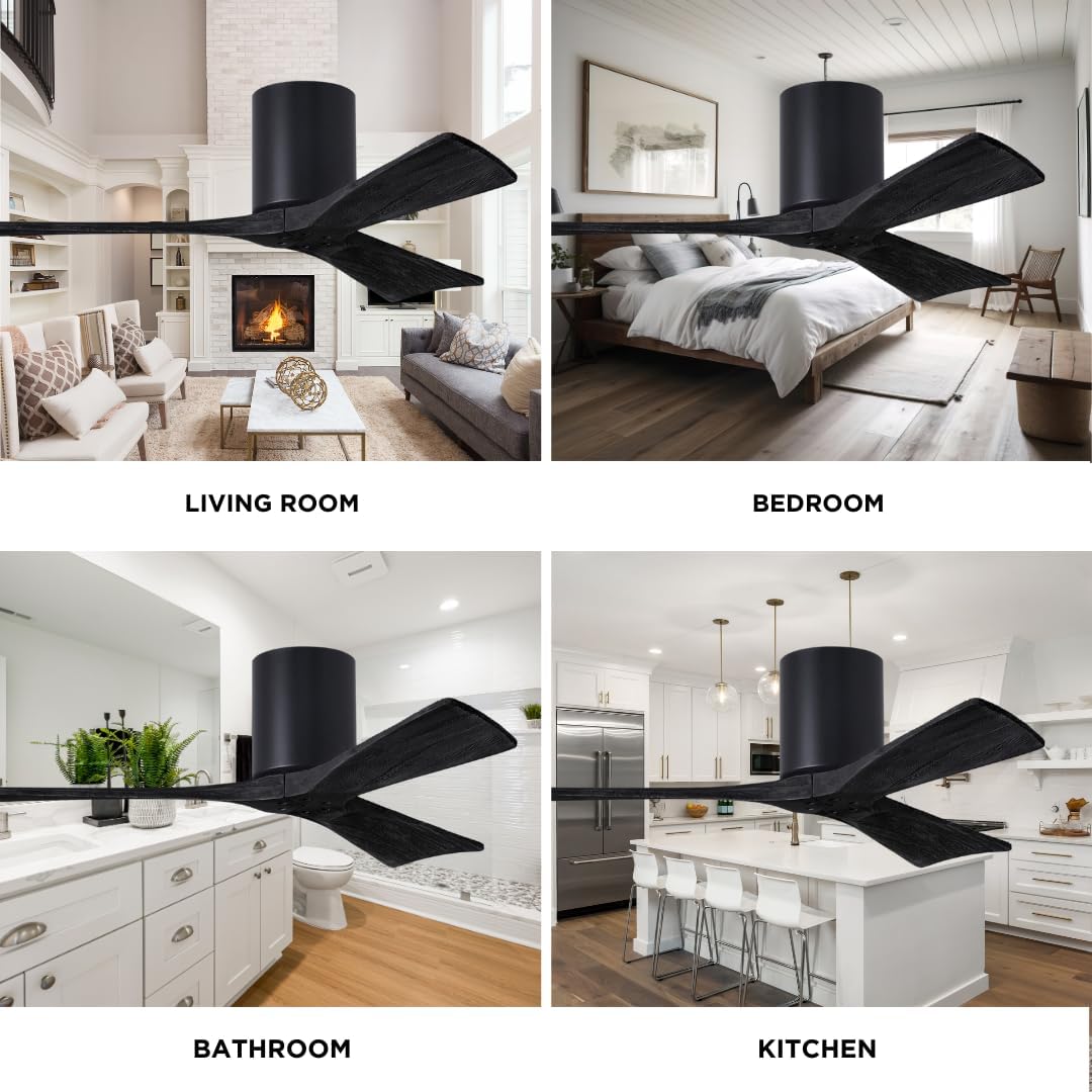 Matthews IR3H-BK-BK-42 Irene Damp Rated Flush Mount 42' Ceiling Fan with Remote & Wall Control, Silent DC Motor, 3 Solid Wood Blades, Matte Black