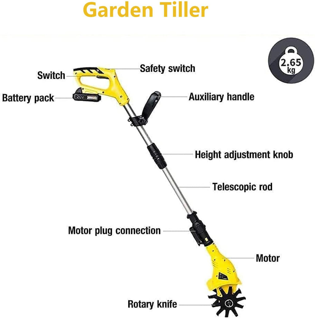 20V Cordless Tiller Cultivator, 250RPM Electric Garden Tiller, with 2.0Ah Batteries & Charger, Garden Rototiller for Lawn/Gardening/Soil Cultivation, 4In Tilling Width