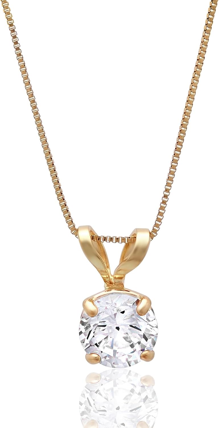MAX + STONE 14k Gold 8mm Round Solitaire Cubic Zirconia Pendant Necklace for Women with 18 Inch Box Chain