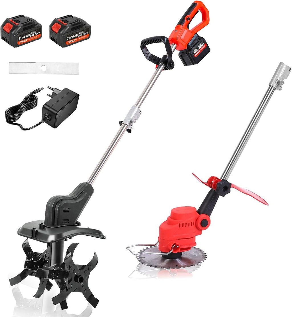 Cordless 2-in-1 Tiller & Weed Whacker Combo, 800W Brushless Motor, 12'x9' Rototiller, 8' Trimmer, 2x21v 6.0Ah Battery, Electric Weed Eater & Garden Tiller, Perfect for Lawn Care & Gardening Tools