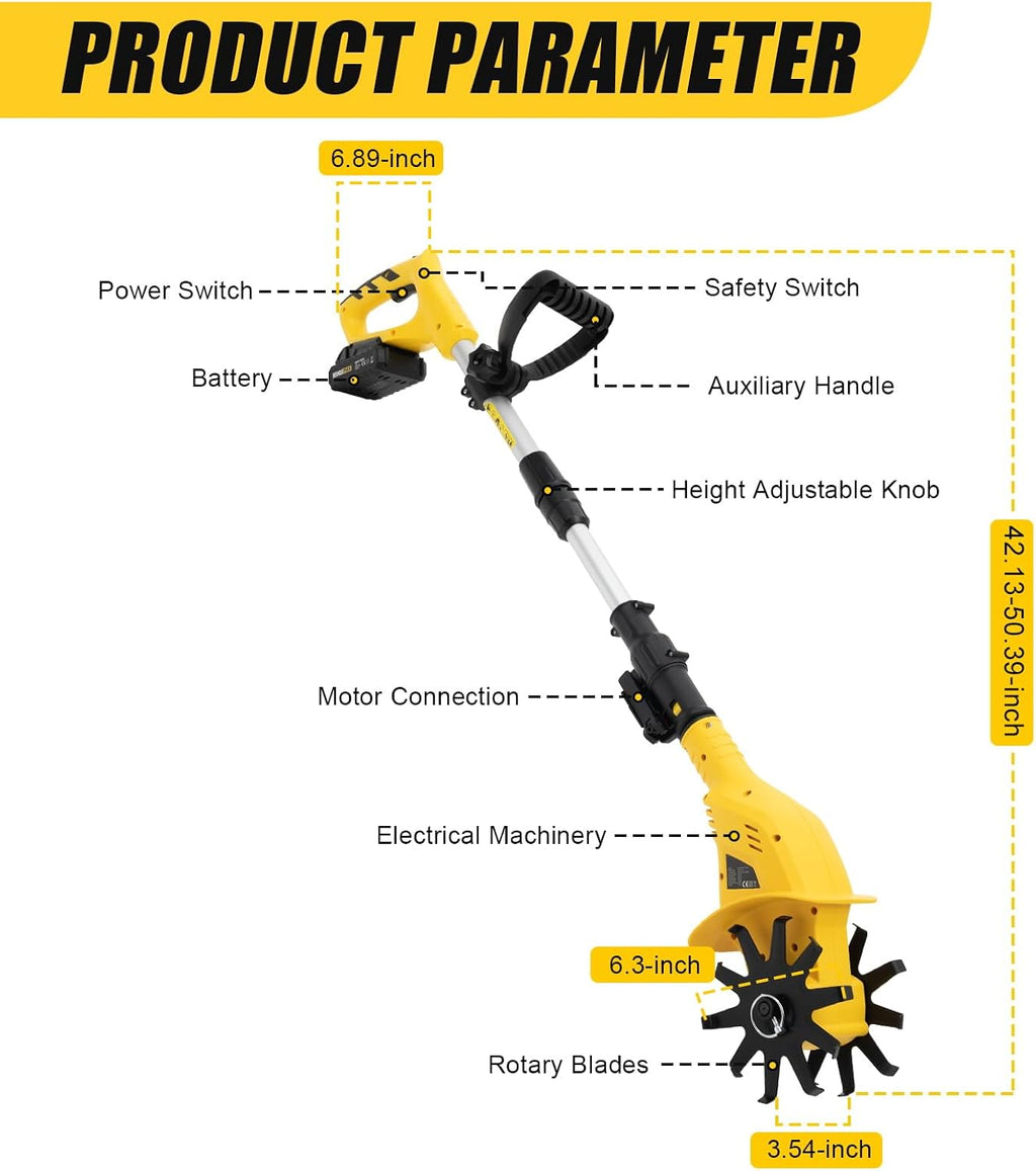 Cordless Tiller Cultivator, Electric Garden Tiller with 20V 2000mAh Battery, 3.9' Tilling Width, 6.7' Depth, Garden Rototiller Portable Rotary Tiller for Gardening Lawn Soil Cultivation