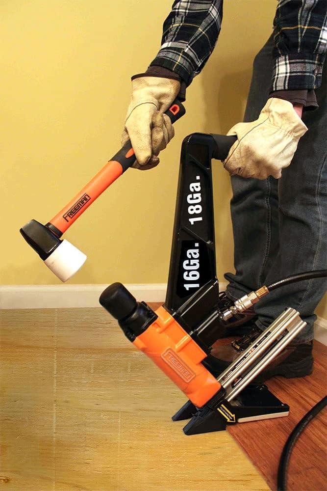 Freeman PF1618GLCN Pneumatic 3-in-1 16-Gauge and 18-Gauge 2' Flooring Nailer with Flooring Mallet and Interchangeable Base Plates