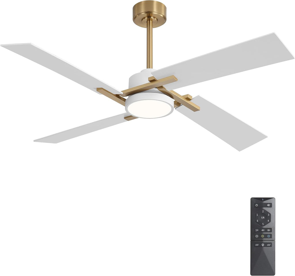 WINGBO 54 Inch Ceiling Fan with Light and Remote, 4 Plywood Blades, 6-Speed Reversible DC Motor, Dimmable, 3CCT, Farmhouse Ceiling Fan for Bedroom Living Room Kitchen, Brass and White
