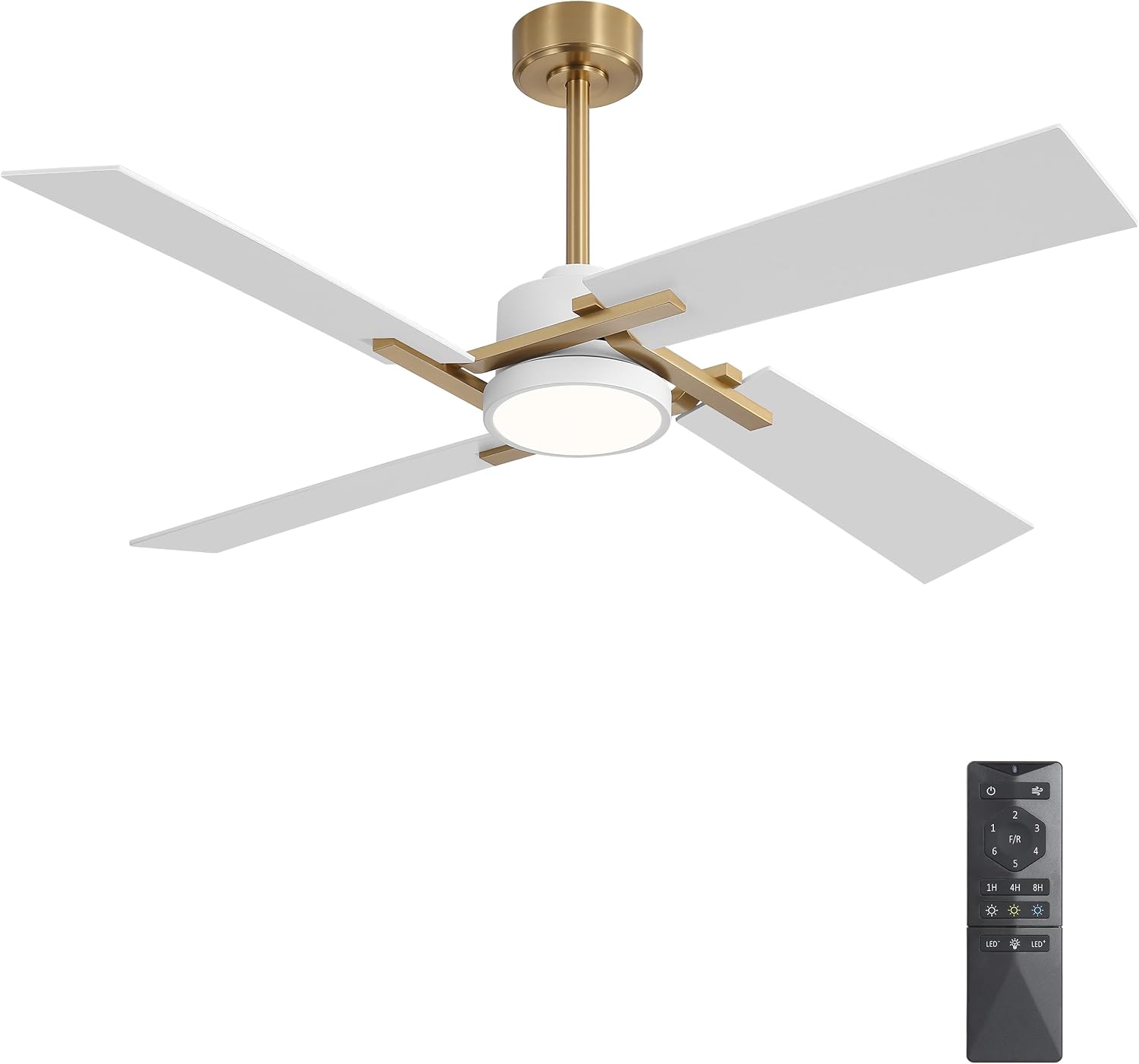 WINGBO 54 Inch Ceiling Fan with Light and Remote, 4 Plywood Blades, 6-Speed Reversible DC Motor, Dimmable, 3CCT, Farmhouse Ceiling Fan for Bedroom Living Room Kitchen, Brass and White