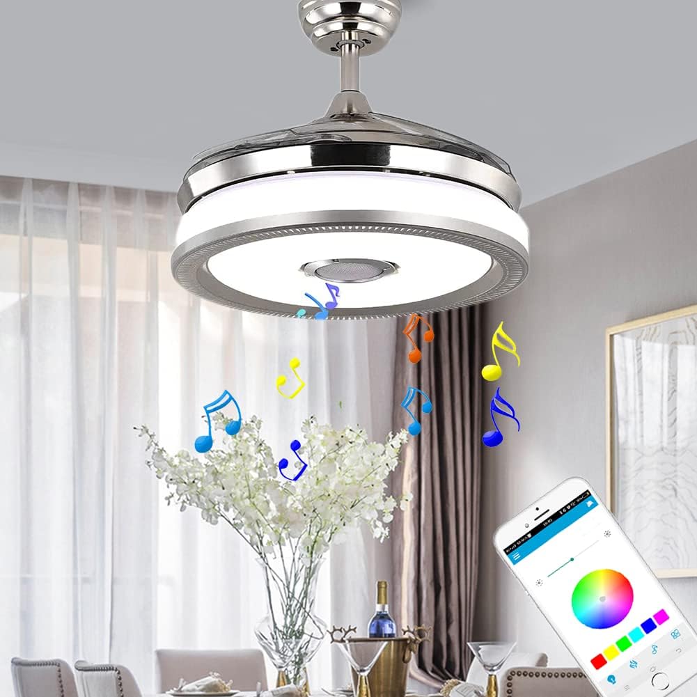 42' Modern Retractable Bluetooth Ceiling Fans with Lights and Remote Control, Invisible Chandelier Fan Lighting with Speaker Play Music 7 Colorful Dimmable Fixture for Bedroom/Living/Room