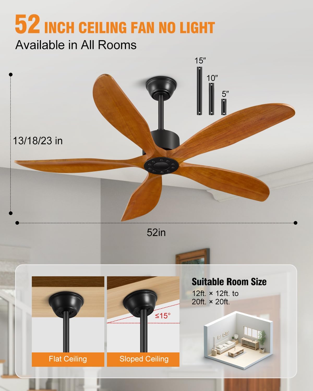 Yahada 52 Inch Ceiling Fan No Light with Remote, USA Original Patent Outdoor Ceiling Fans, 5 Wood Blades, 3 Downrods, Timer, 6 Speeds ETL DC Motor Fans for Patios Bedroom, Yellow Walnut