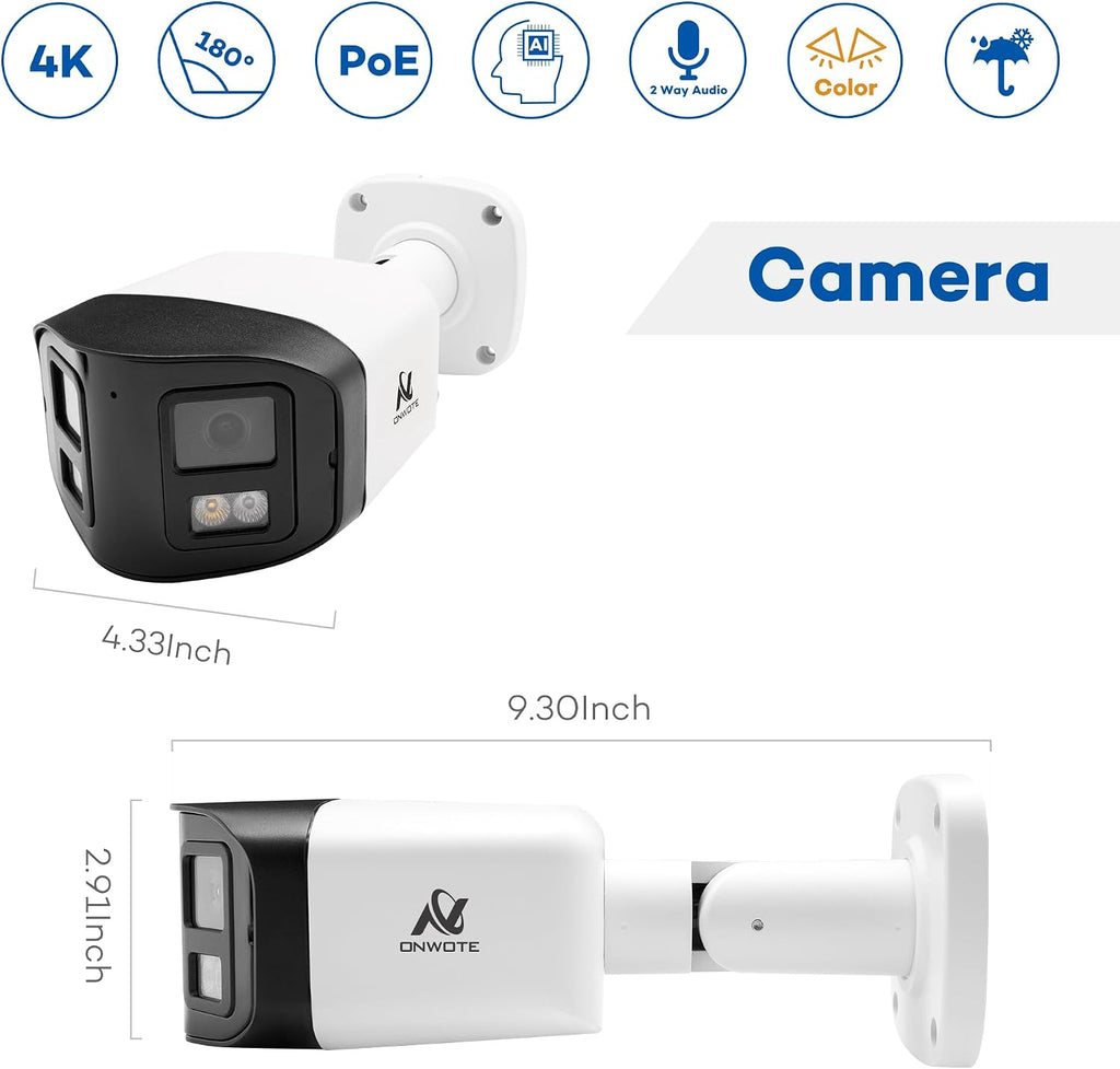ONWOTE 180° Dual-Lens 4K 8MP PoE IP Security Camera, 2 Way Audio, AI Human Vehicle Detection Trigger Color Night Vision, Indoor/Outdoor, Commercial Wired Camera for Business, Add-on to PoE NVR System