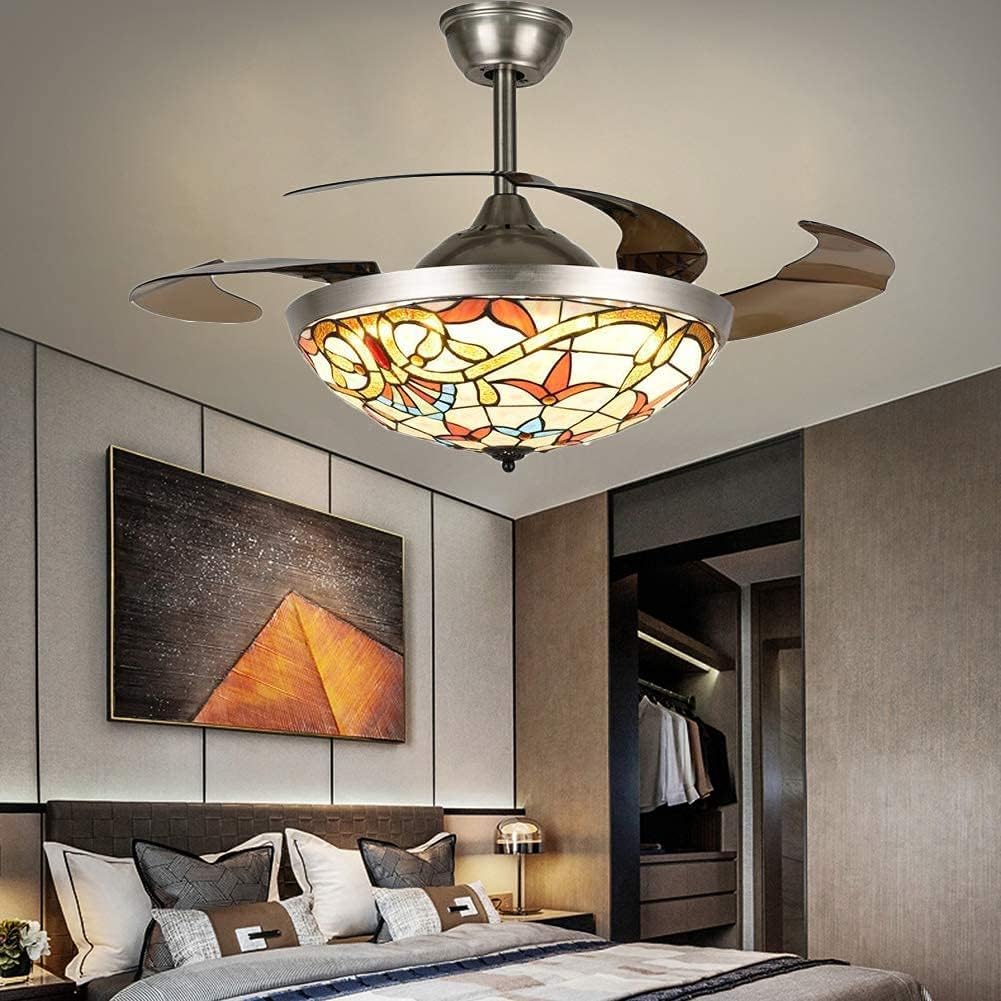 Fandian 42' Ceiling Fan with Lights Remote Control Modern Retractable Chandelier, 3 Color Lighting with Stained Glass shade Fandeliers Fixtures for Living/Bedroom