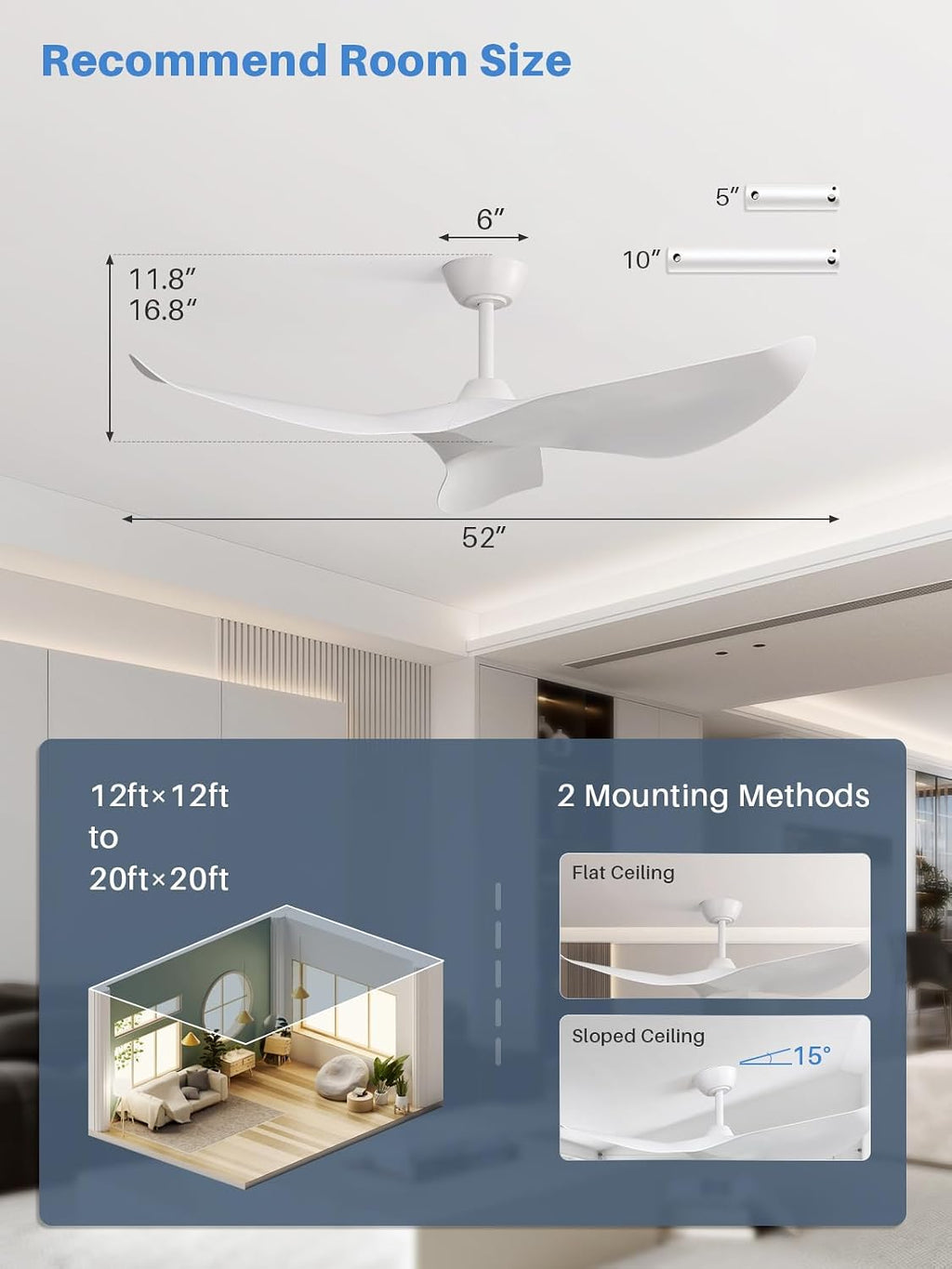Sofucor 52 Inch Smart Ceiling Fan No Light, Modern White Ceiling Fan with Remote Control, Reversible DC Motor, 6-Speed Noiseless Indoor Ceiling Fan for Bedroom Living Room Covered Patio Porch