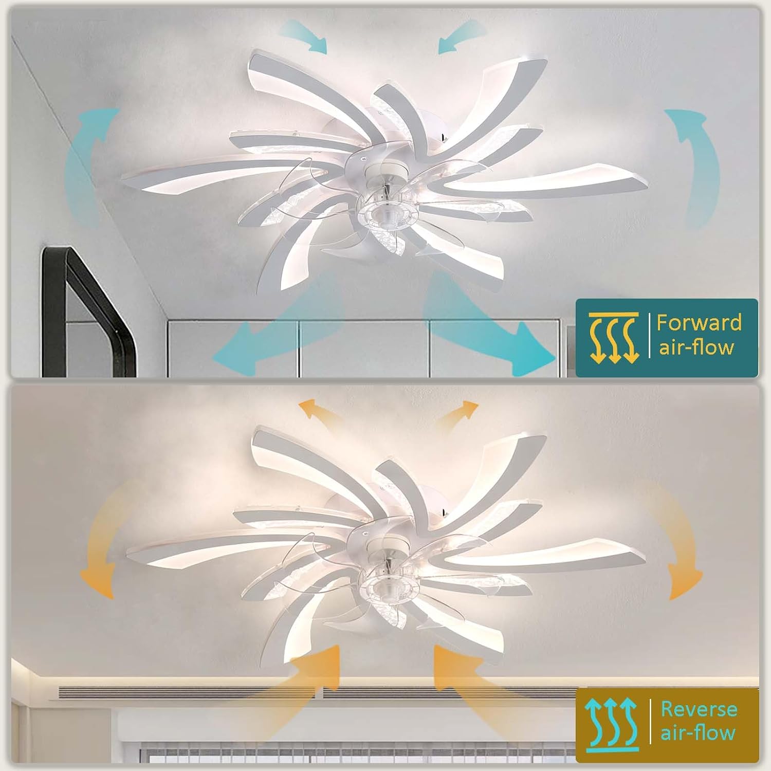 Modern Reversible Ceiling Fan with Dimmable LED Lights Smart Alexa & APP Control 6-Speed Remote Timer Stylish Black Flower Design for Living Room Bedroom (White)