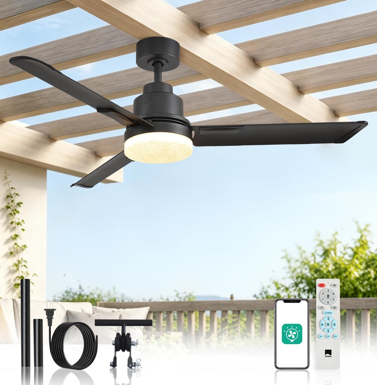 Orison 52' Outdoor Ceiling Fans with Lights and Remote Control,IP65 Wet Rated Waterproof Ceiling Fan with 6-Speed DC Motor, Farmhouse Gazebo Fan for Porch Patios Pavilion