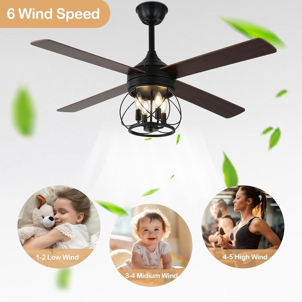Rustic Ceiling Fan with Lights and Remote, Large Farmhouse Ceiling Fan Caged Fandelier Chandelier, Reversible Quiet DC Motor 6 Speeds for Living Room (Black Caged, 52 Inch)
