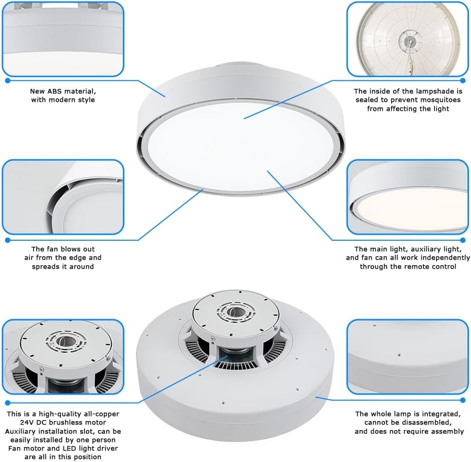 Ceiling Fans with Lights and Remote, Flush Mount Modern Bladeless Ceiling Fan with Light, 6 Speeds, Stepless dimming and CCT 3000K-6000K LED Lights for Bedroom, Study Room (White, 17.7″)
