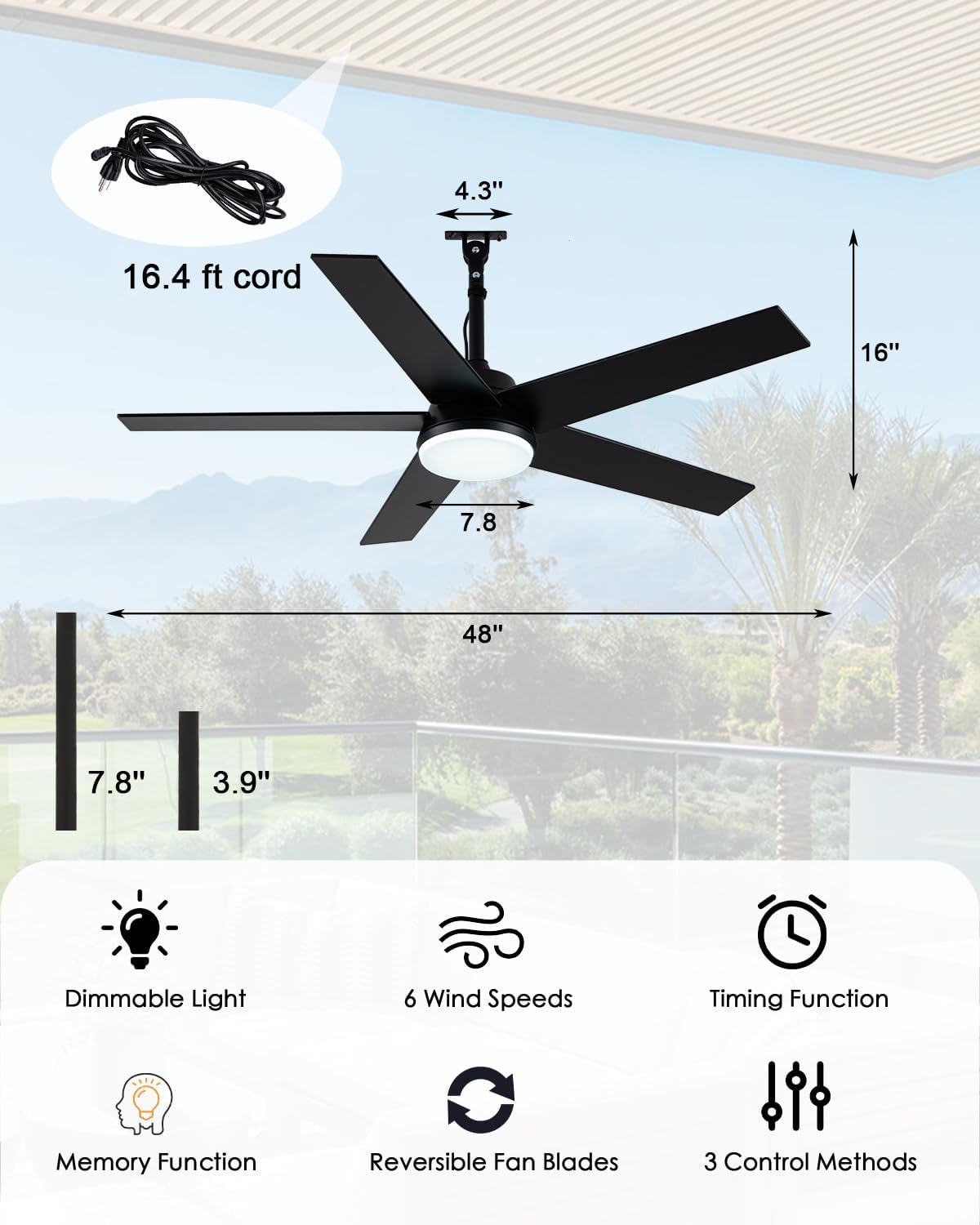 48 Inch Waterproof Outdoor Ceiling Fan with Lights, IP65 Hanging Gazebo Fan with App/Remote Control, 5-Blade Plug in Ceiling Fan Light with 6-Speed Reversible, Dimmable, Timer, (Black)
