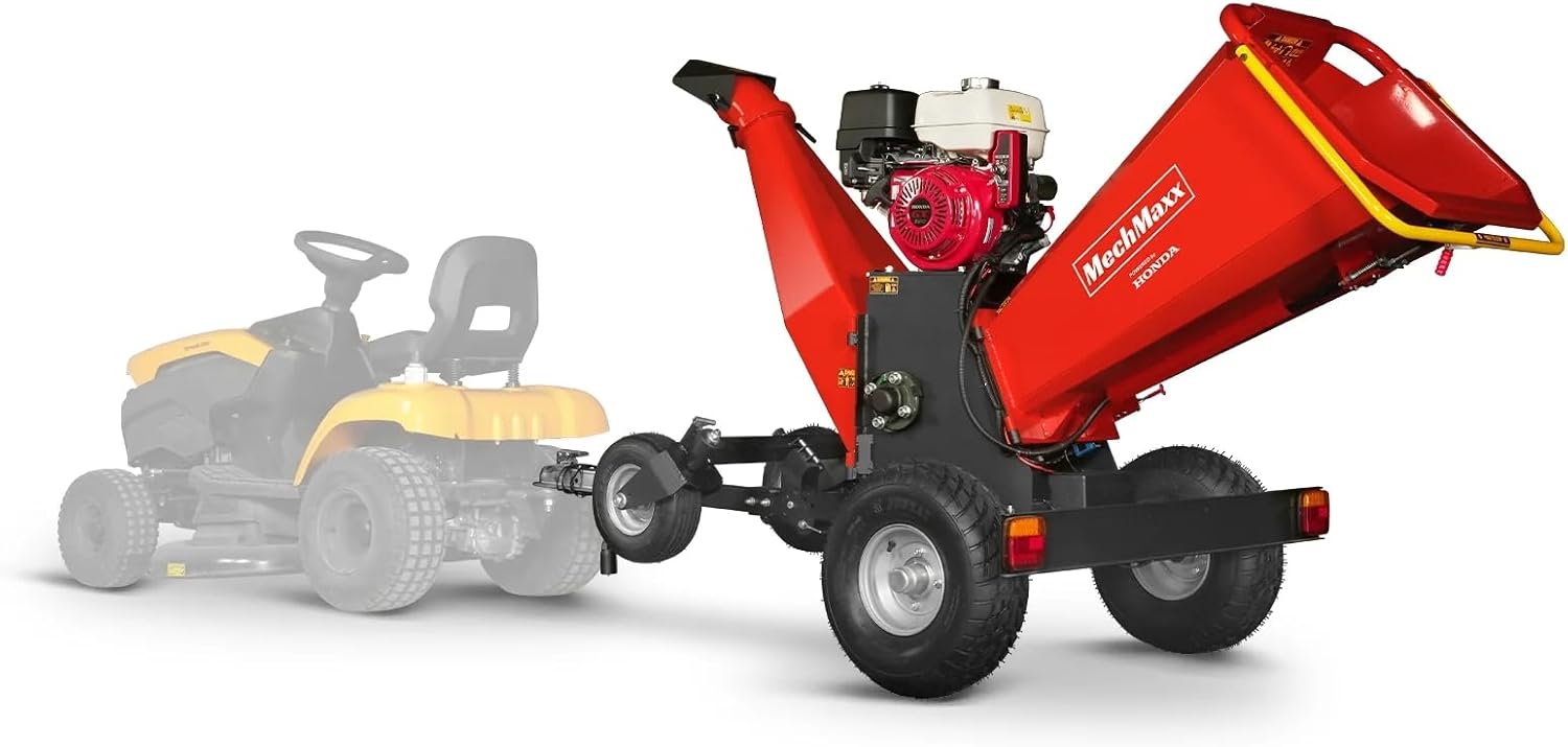 MechMaxx 6'' inch Honda 389cc 11.7HP Electric Start Gasoline Powered Engine 4-Wheels Towable Wood Chipper Shredder Mulcher with Towbar/Tail Light/Emergency Stop Button/Stop Bar, Model B150 Red