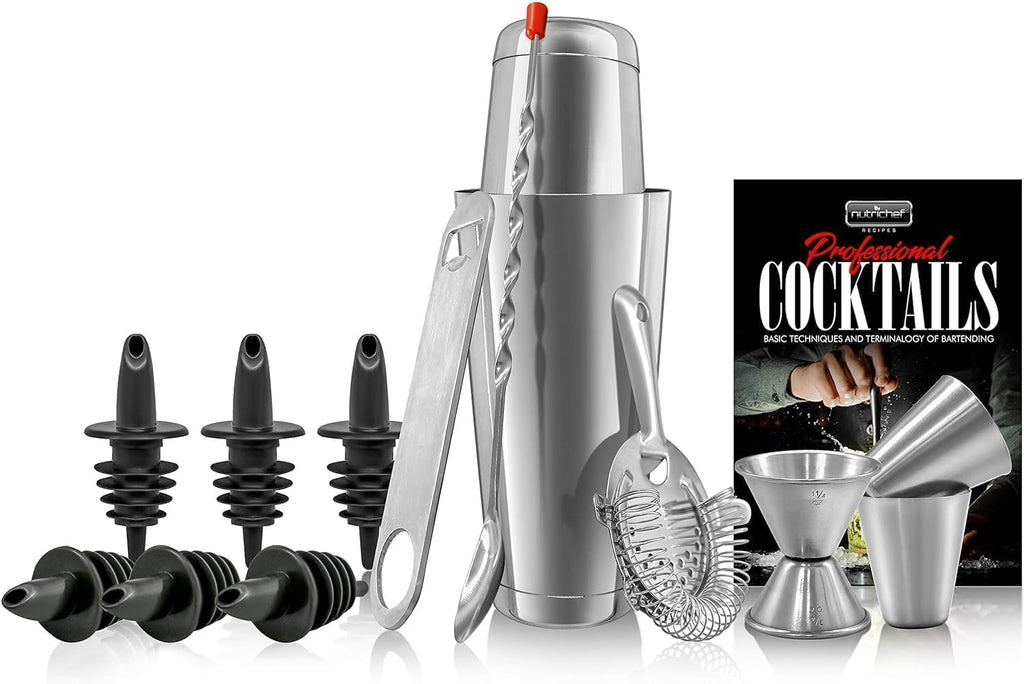 NutriChef Mixology Bartender Cocktail Shaker Set-Includes 15&30 oz Stainless Steel Shakers,6 Bottle Pourers&More-Essential Martini Making Kit-Drink Mixing Set-15 Piece Cocktail Bar_Set (Pack of 12)