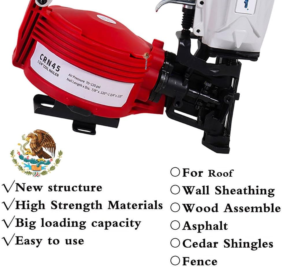 Mexican Style CN45N Roofing Nailer, 15 Degree Roofing Nail Gun, 3/4-Inch to 1-3/4-Inch Coil Nails, 120-pcs Load Capacity Coil Nailer