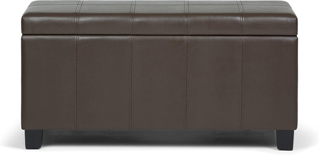 SIMPLIHOME Dover Storage Ottoman Bench - 36 inch Wide Upholstered Vegan Leather Rectangular Lift-Top Ottoman in Chocolate Brown, Contemporary Bench for Living Room with Safety Hinges