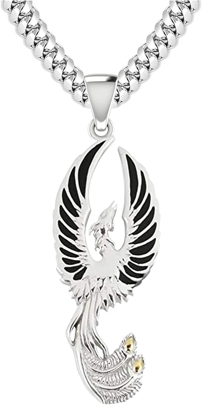 US Jewels Men's 925 Sterling Silver 47.5mm Flying Phoenix Pendant Necklace, 22in to 26in