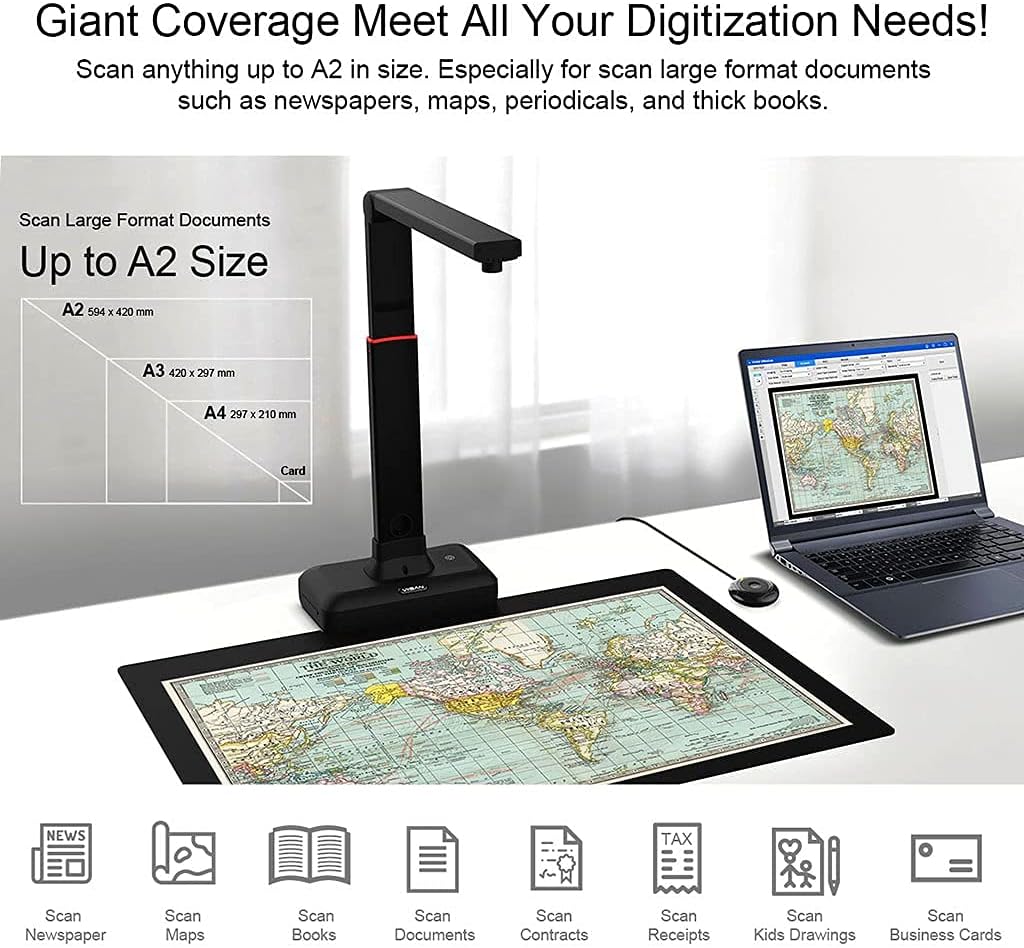 VIISAN Large Format Book & Document Scanner, Capture Size A2/A3, 26MP USB Document Camera with Auto-Flatten, Fingerprint Removal Technologies, Multi-Language OCR, Compatible with Windows & macOS