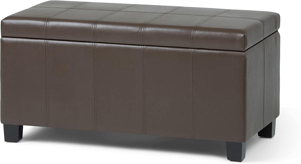 SIMPLIHOME Dover Storage Ottoman Bench - 36 inch Wide Upholstered Vegan Leather Rectangular Lift-Top Ottoman in Chocolate Brown, Contemporary Bench for Living Room with Safety Hinges