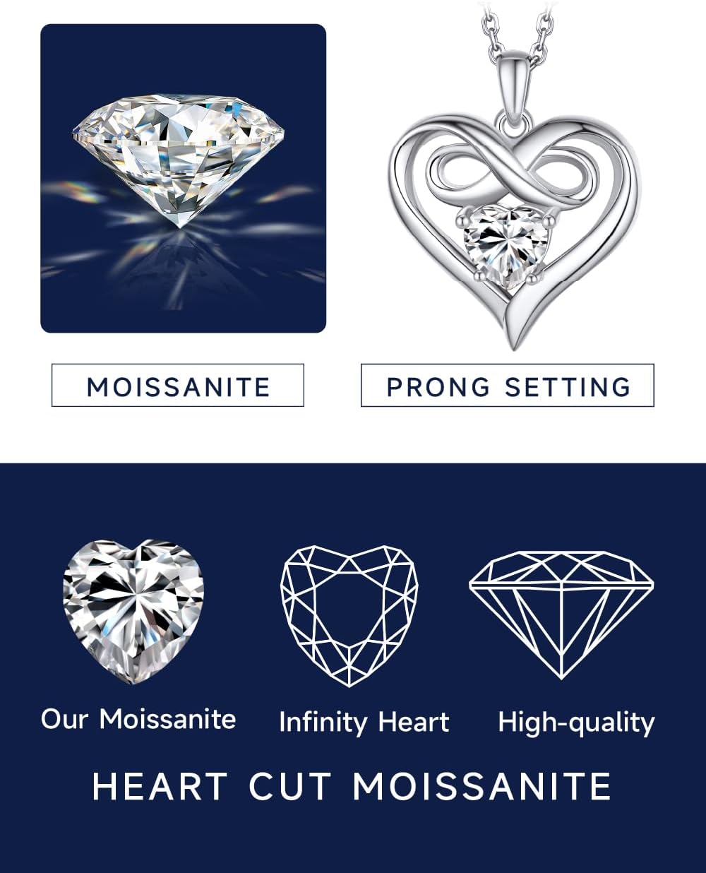 MomentWish Heart Necklace for Women, Jewelry Gifts for Her, D Color VVS1 Moissanite Necklace in 925 Sterling Silver, Infinity Pendent for Birthday Anniversary Mother's Day
