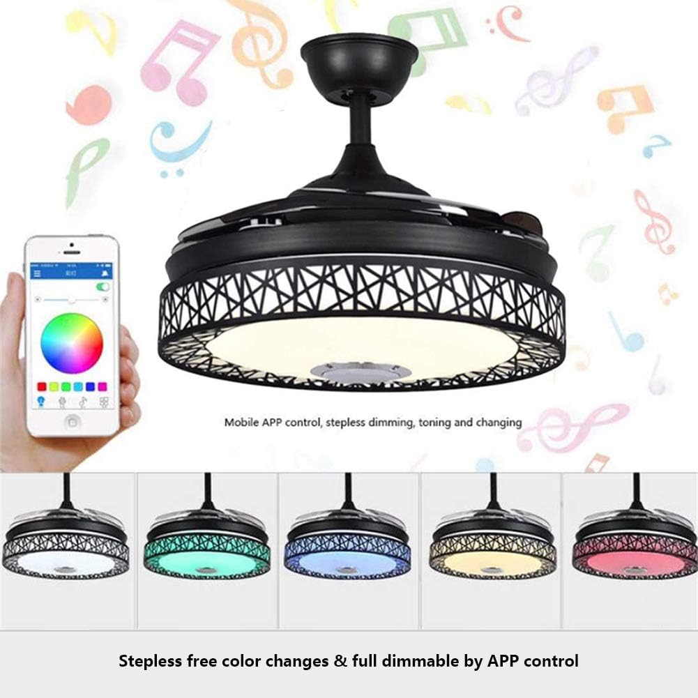 42' Retractable Ceiling Fans with Lights and Remote Control, Invisible Modern Chandelier Fan Lighting with Bluetooth Speaker Play Music 7 Colorful Dimmable Fixture for Bedroom/Living Room