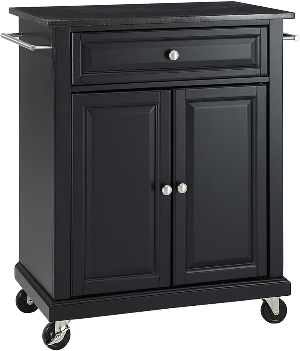 Crosley Furniture Compact Granite Top Small Rolling Cart with Shelves, Microwave Stand with Towel Rack, Black