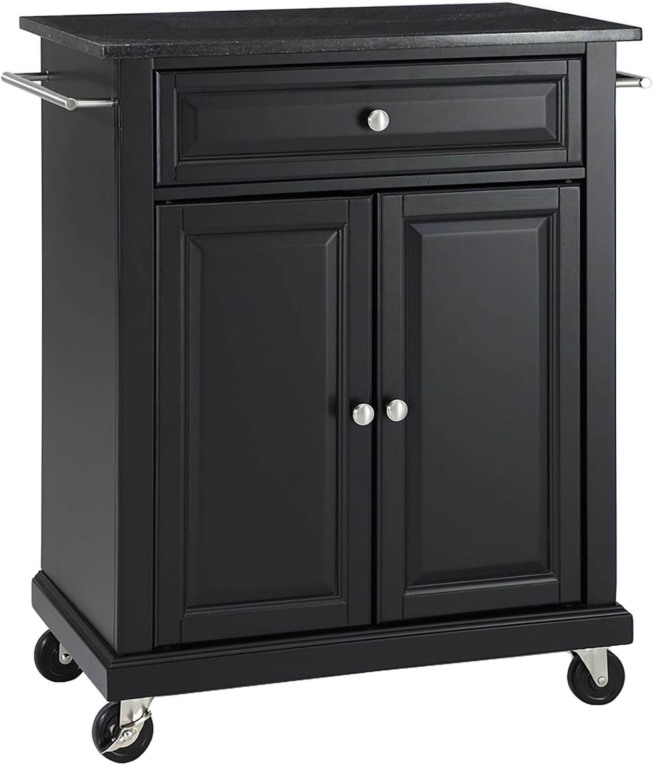Crosley Furniture Compact Granite Top Small Rolling Cart with Shelves, Microwave Stand with Towel Rack, Black