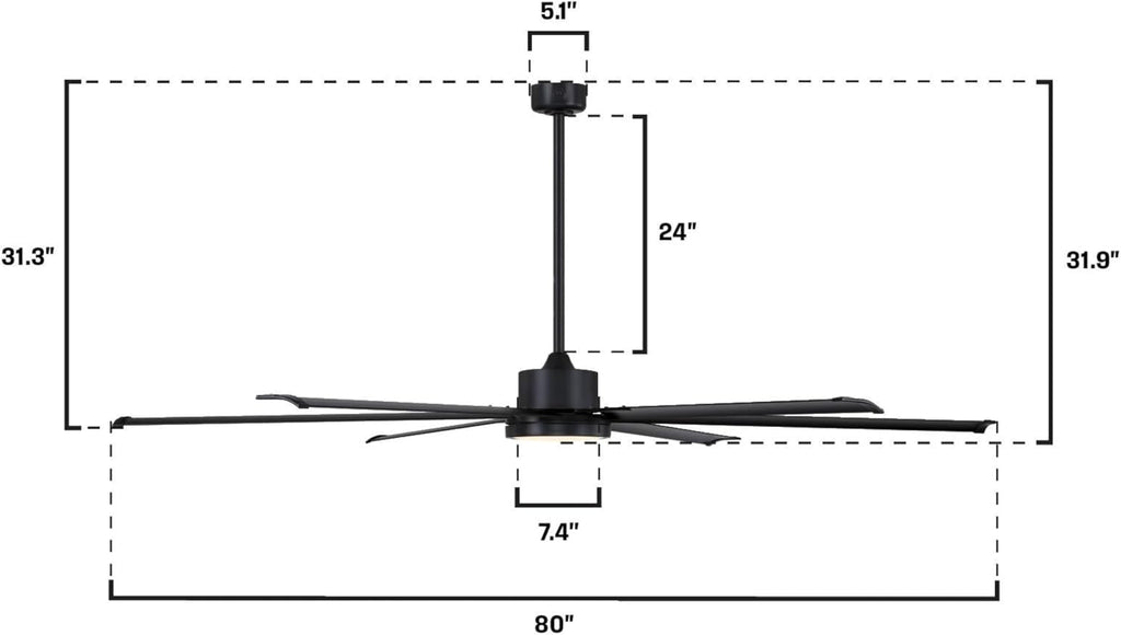 Westinghouse Lighting Hudson Yards Adjustable Ceiling Fan with Light, 80-Inch Industrial-Style Indoor/Outdoor Fan in Matte Black, DC Motor, Dimmable LED with Opal Frosted Glass, Remote Control