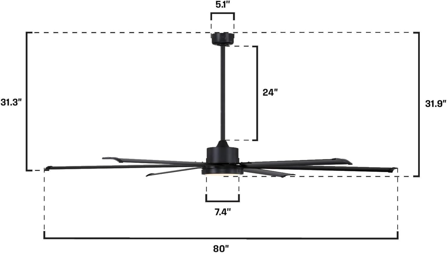 Westinghouse Lighting Hudson Yards Adjustable Ceiling Fan with Light, 80-Inch Industrial-Style Indoor/Outdoor Fan in Matte Black, DC Motor, Dimmable LED with Opal Frosted Glass, Remote Control
