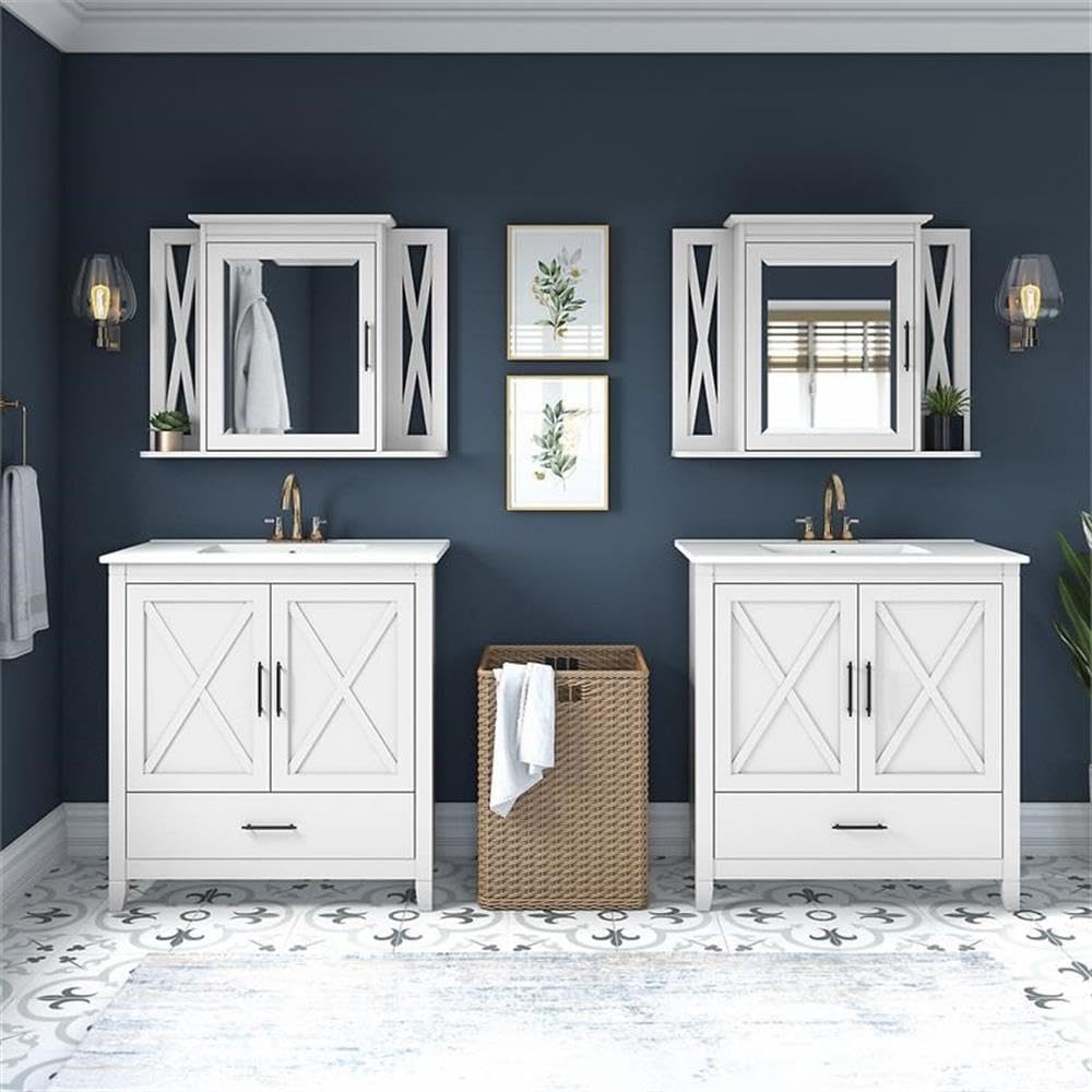 Bush Home Key West 64W Double Vanity Set with Sinks and Medicine Cabinets in White Ash