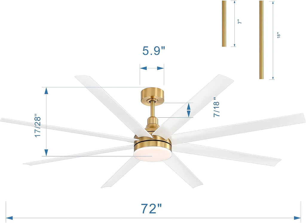 72 Inch Ceiling Fans with Lights and Remote, 8-Blade, Quiet Reversible DC Motor, 6-Speed, Timer Function, 3 Color Led Light Chandelier, Industrial Ceiling Fan for Bedroom Living Room (Gold & White)