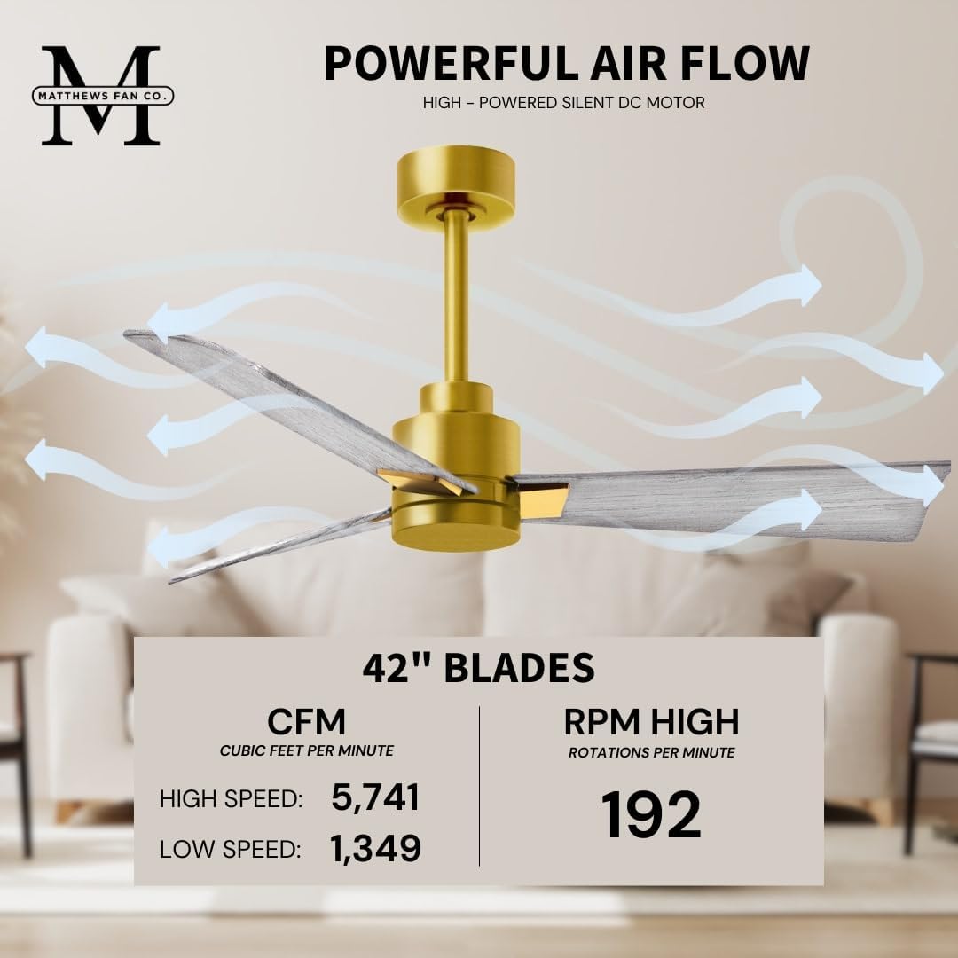 Matthews AK-BRBR-BW-42 Alessandra Wet Rated 42' Outdoor Ceiling Fan without Light, Remote Included, Silent DC Motor, Brushed Brass with Barn Wood Tone