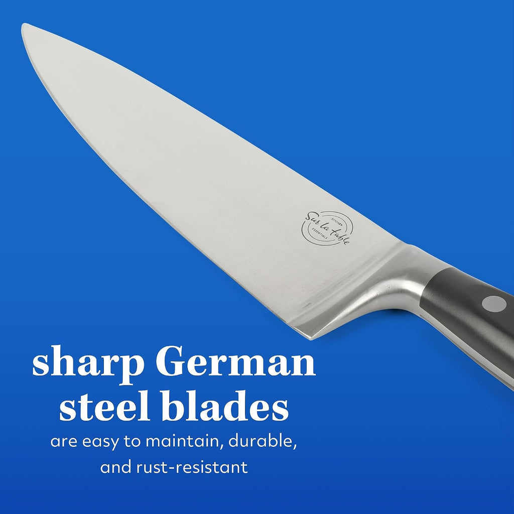 Sur La Table Kitchen Essentials 5 Piece German Steel Blade w/Triple Riveted Handle Set on Beechwood Magnetic Block - Black