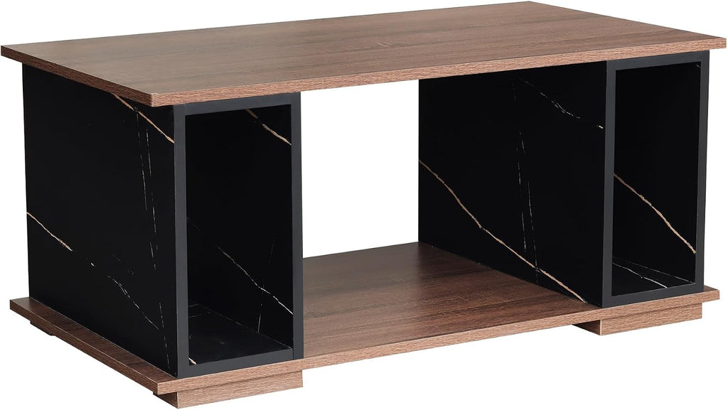 GIA Home Furniture 3 pcs Living Room Table Set, Including 1 Particle Board Coffee Table with Marble Vein Walnut & 2 End Tables with Charging Station, USB Ports, 2 Drawers & Open Shelves