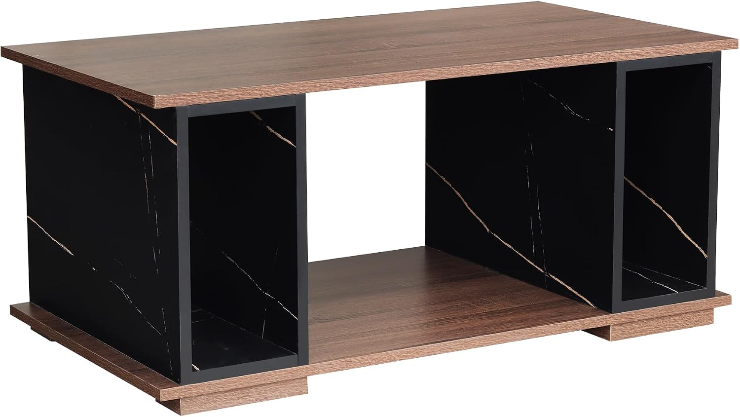GIA Home Furniture 3 pcs Living Room Table Set, Including 1 Particle Board Coffee Table with Marble Vein Walnut & 2 End Tables with Charging Station, USB Ports, 2 Drawers & Open Shelves