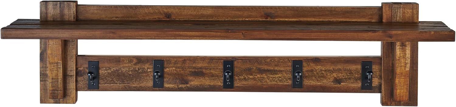 Alaterre Furniture Durango 60 Inch Solid Wood Entryway Organizer - Rustic Industrial Farmhouse Wall Mounted Coat Rack with Shelf and 5 Black Metal Hooks for Mudroom, & Living Room (Natural)