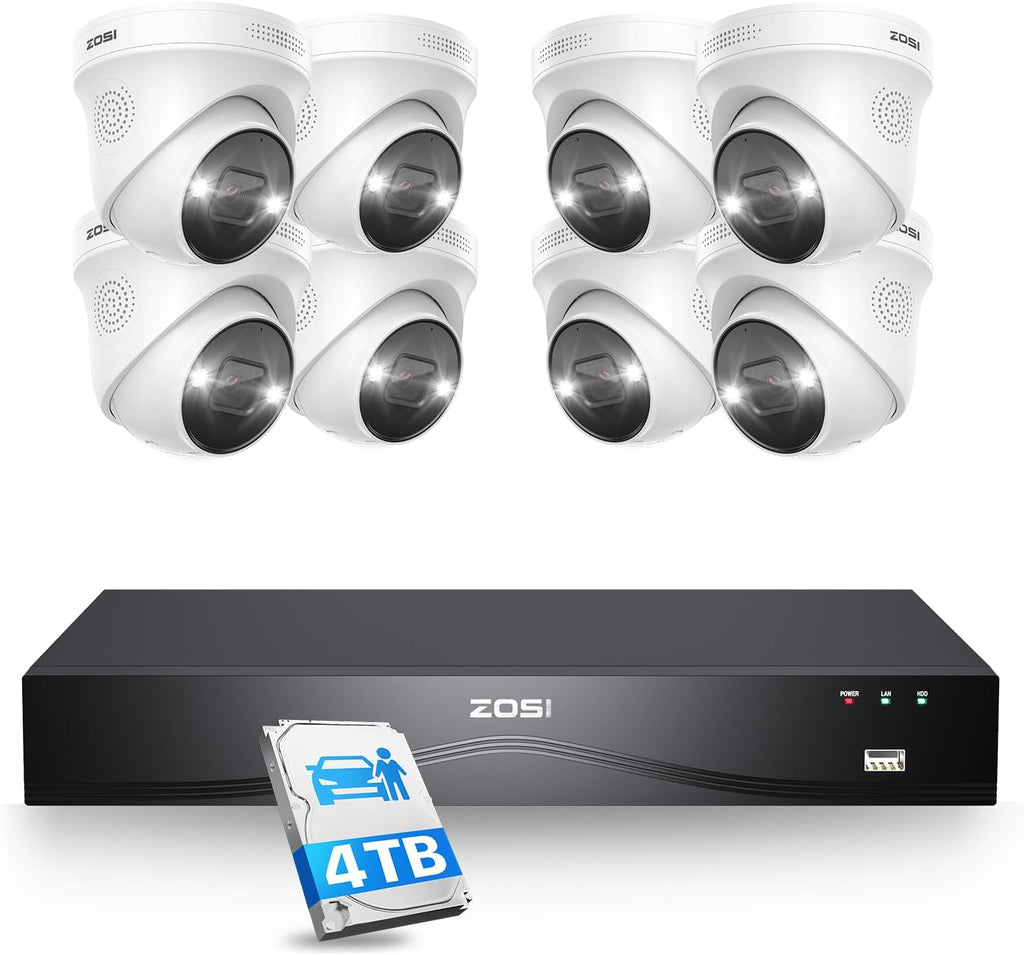 ZOSI 4K PoE Security Camera System, 8pcs 4K Indoor Outdoor PoE Wired Cameras, Face Person Vehicle Detection, 2 Way Audio, Color Night Vision, 24CH 8MP Surveillance NVR with 4TB HDD for 24/7 Recording