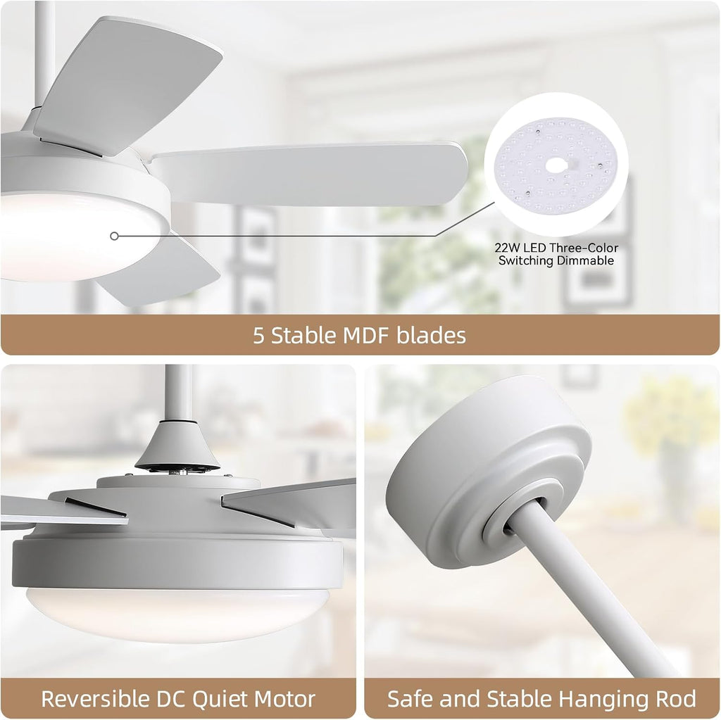 Sofucor 42 Inch Ceiling Fan with Light, Modern Ceiling Fan with Memory Large LED - Quiet DC Motor, 6 Speeds 4500CFM High Velocity, Dimmable, Timer, Reversible, for Living Room Bedroom, ETL/FCC, White