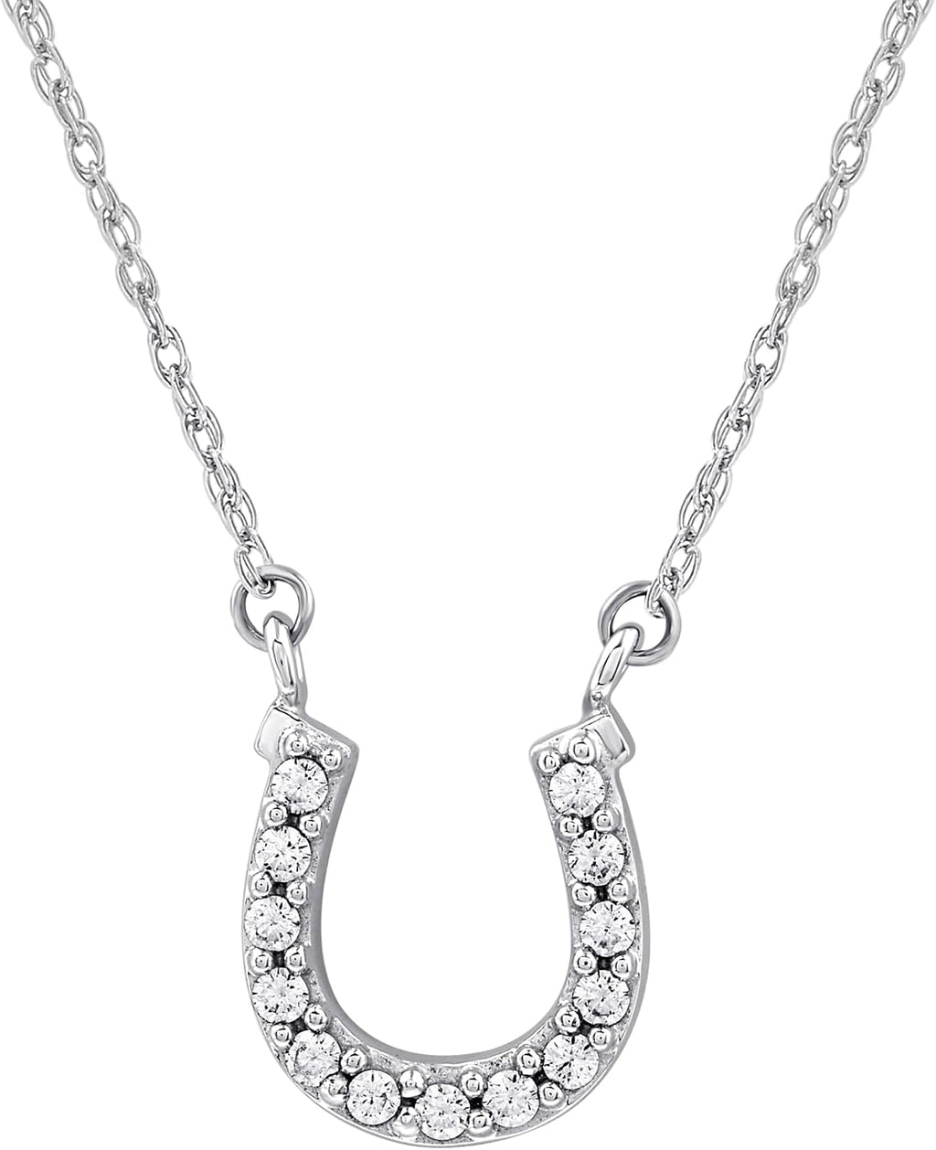 GILDED 10K White Gold Horseshoe Necklace with Natural Round-Cut Diamonds and 17' White Gold Rope Chain, 14K Yellow Gold Plated on Sterling Silver Horseshoe Necklace and 17' Cable Chain, 1/10 Carat Total Weight Diamonds & Elegant Gift Box Included