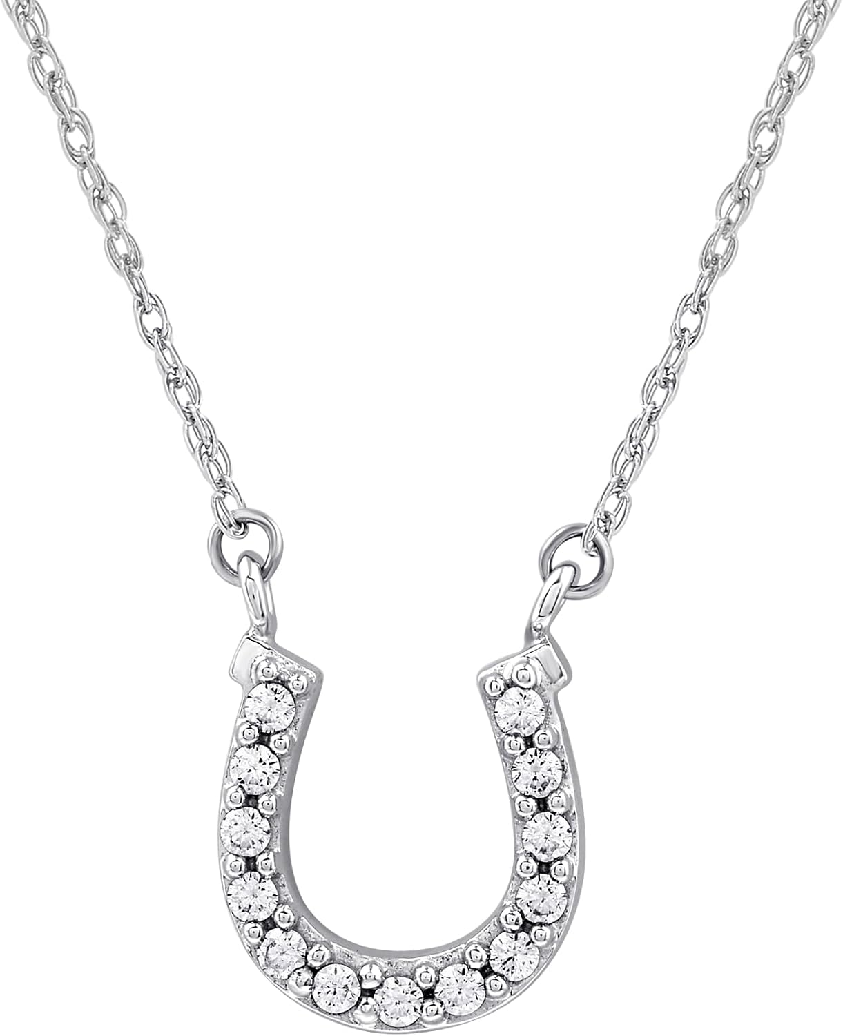 GILDED 10K White Gold Horseshoe Necklace with Natural Round-Cut Diamonds and 17' White Gold Rope Chain, 14K Yellow Gold Plated on Sterling Silver Horseshoe Necklace and 17' Cable Chain, 1/10 Carat Total Weight Diamonds & Elegant Gift Box Included