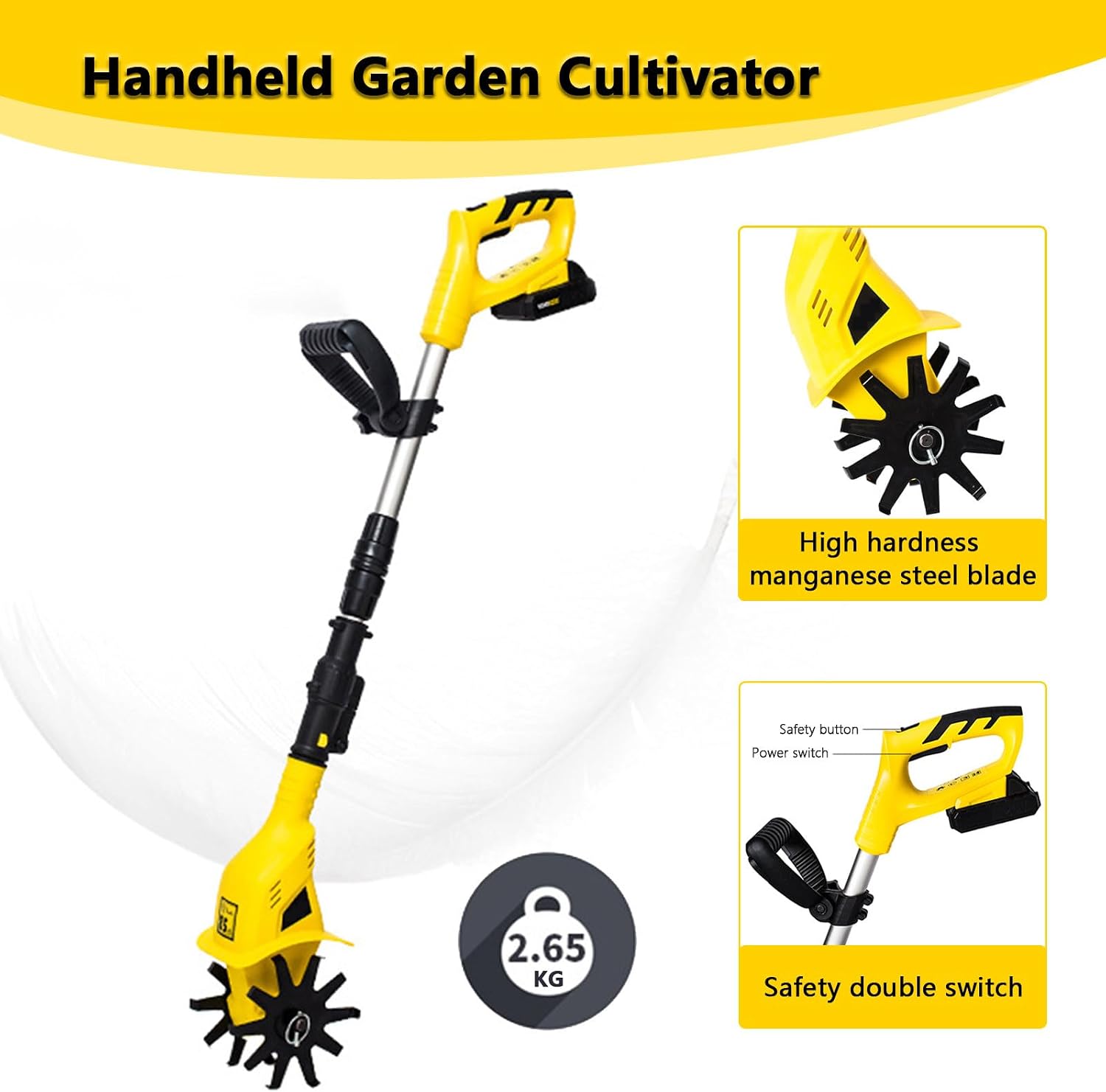 Garden Tiller, 250 RPM Electric Garden Rototiller with 97-127cm/38-50in Adjustable Length, Mini Tiller for Gardening/Soil Cultivation, Including Battery (Yellow)