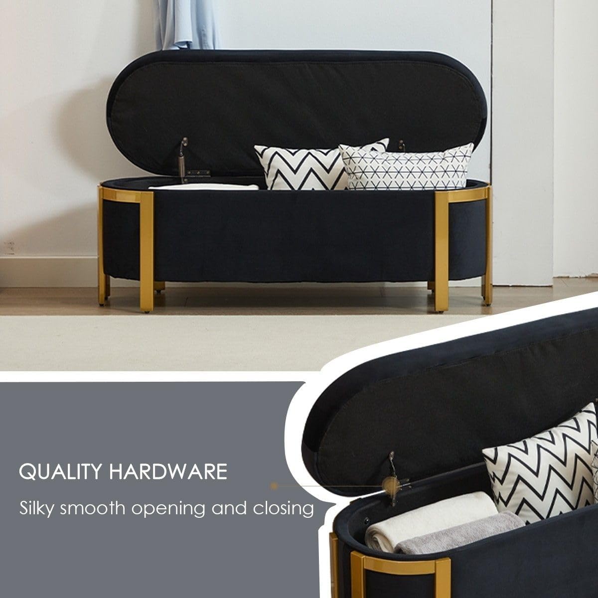 Hyfirm 48' Black and Gold Velvet Storage Ottoman Bench – Oval Upholstered Stool with Padded Seat, Long Settee for Bedroom, Living Room, End of Bed, Entryway, Hallway