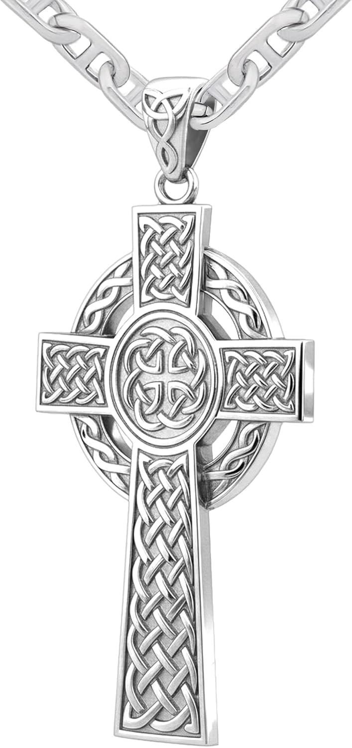 US Jewels Men's 925 Sterling Silver 43mm High Polished Irish Celtic Knot Cross Religious Pendant Necklace, 22in to 26in