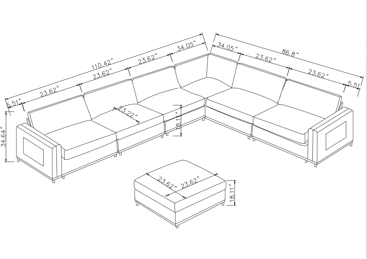 KEIKI 110' Modular Sectional Sofa for Living Room, Convertible 6 Seat Cloud Couch with Soft Fabric Padding, Reconfigurable Furniture for Open Concept Space, Bright Modern Home, White