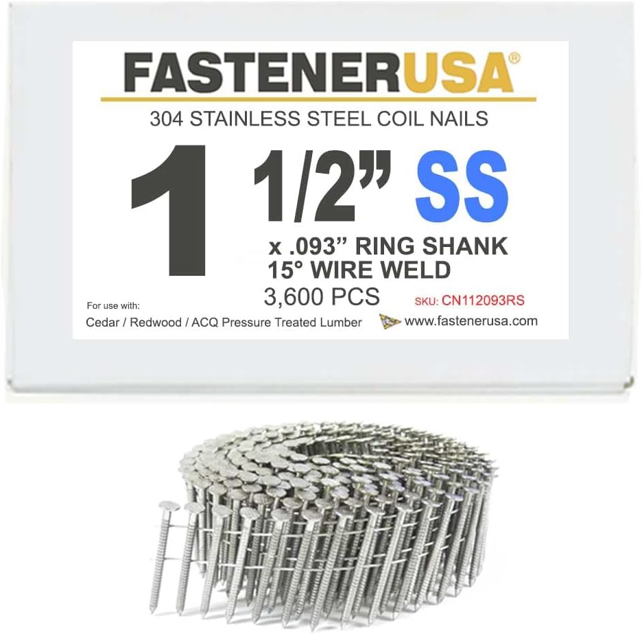 1 1/2' x .093 Ring 304SS Coil Nails 15-DEG Wire 3,600ct