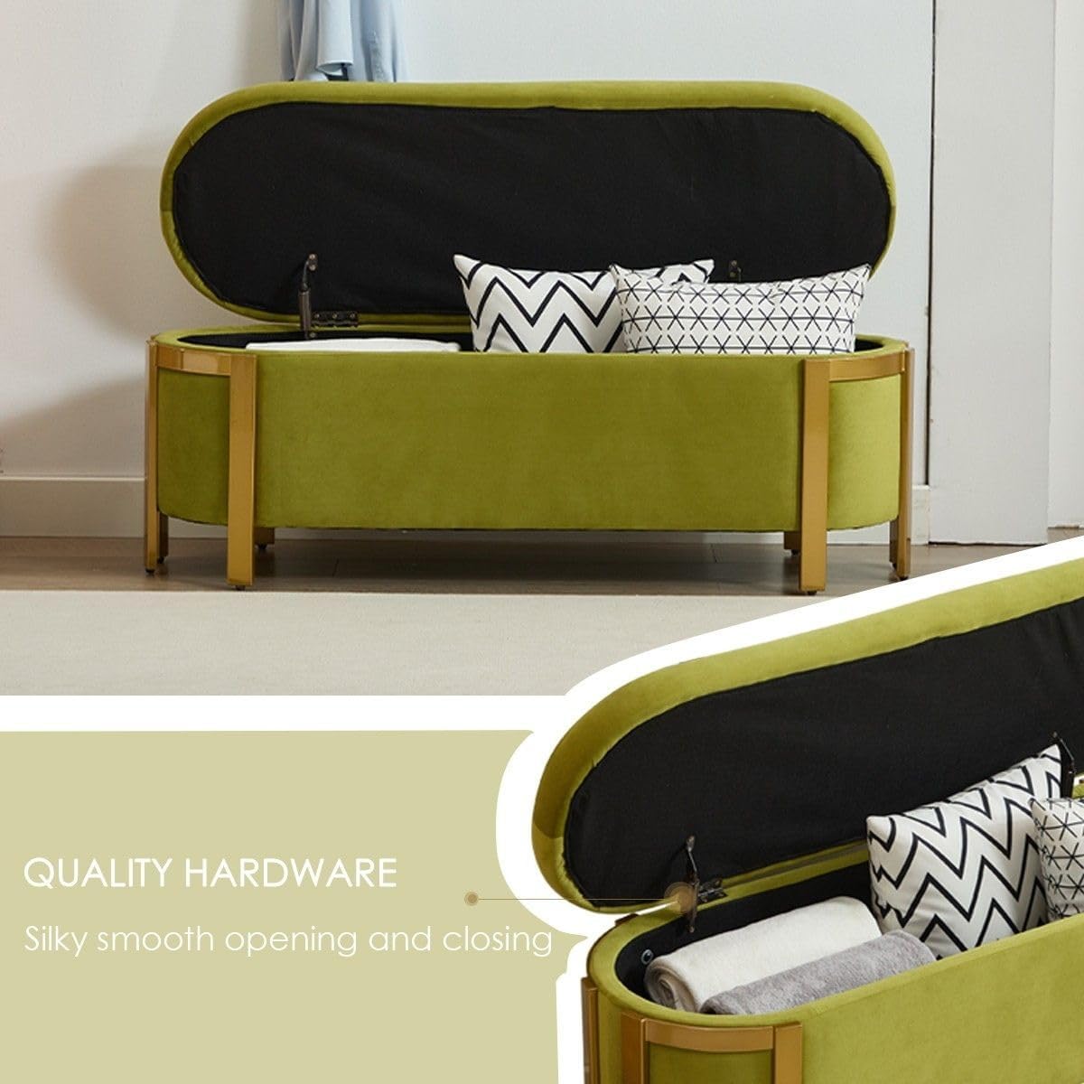 Hyfirm 48' Velvet Storage Ottoman Bench, Olive Green Upholstered End of Bed Bench with Gold Legs, Long Bedroom Bench with Hidden Storage for Living Room, Entryway, Hallway